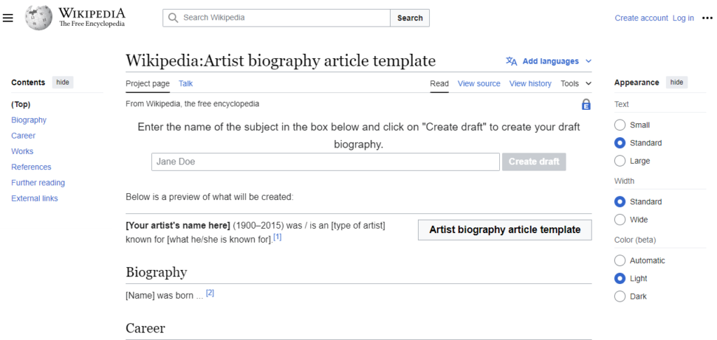 Creating an Outline for the Artist Wikipedia Page